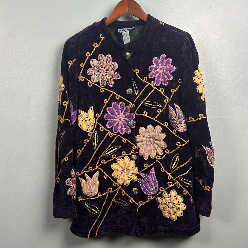 Vintage Indigo Moon Art To Wear Jacket Sz M Fall Embroidered Purple soft